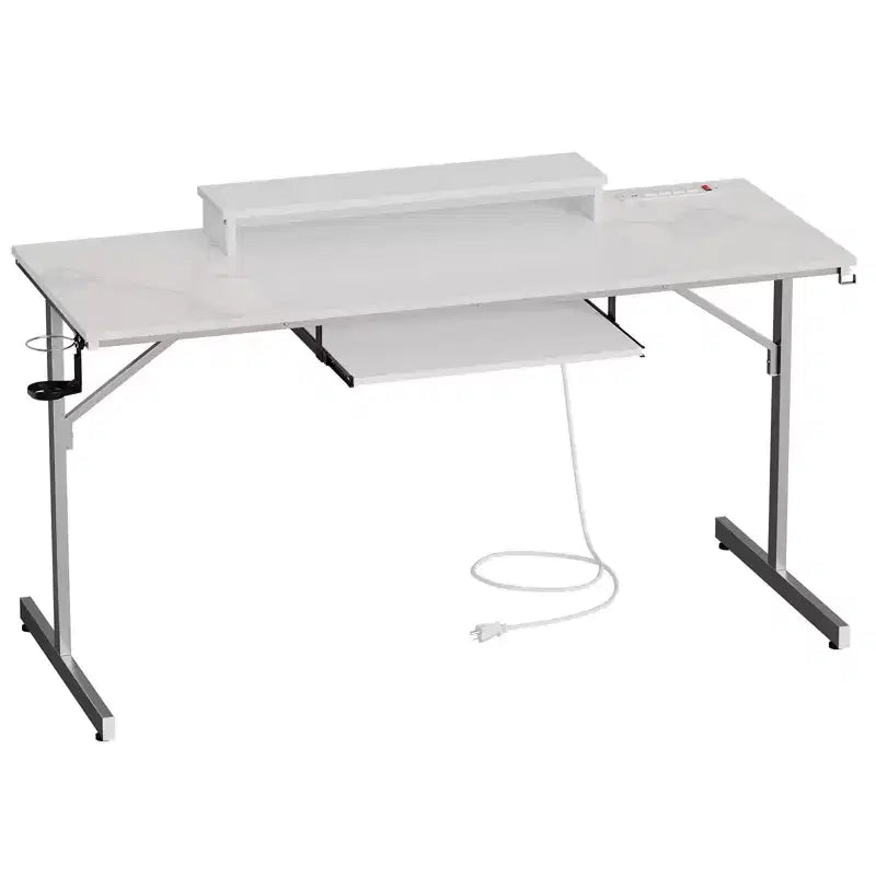 Scrivania da Gaming da 63 pollici con Luci LED e Prese di Corrente, Scrivania per Computer con Rialzo per Monitor e Vassoio Tastiera per Ufficio Domestico
