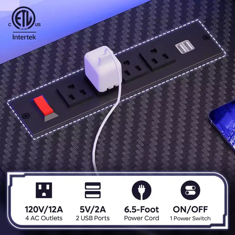 Scrivania da Gaming da 63 pollici con Luci LED e Prese di Corrente, Scrivania per Computer con Rialzo per Monitor e Vassoio Tastiera per Ufficio Domestico