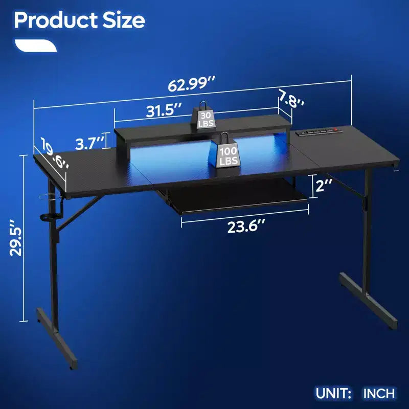 Scrivania da Gaming da 63 pollici con Luci LED e Prese di Corrente, Scrivania per Computer con Rialzo per Monitor e Vassoio Tastiera per Ufficio Domestico