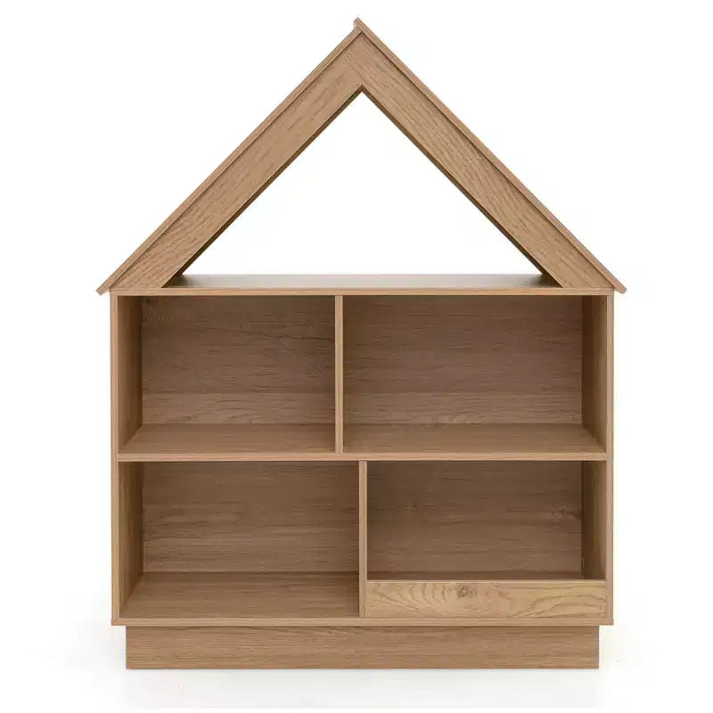 Libreria per bambole in legno per bambini con ripiani aperti e sistema antiribaltamento, colore bianco/marrone