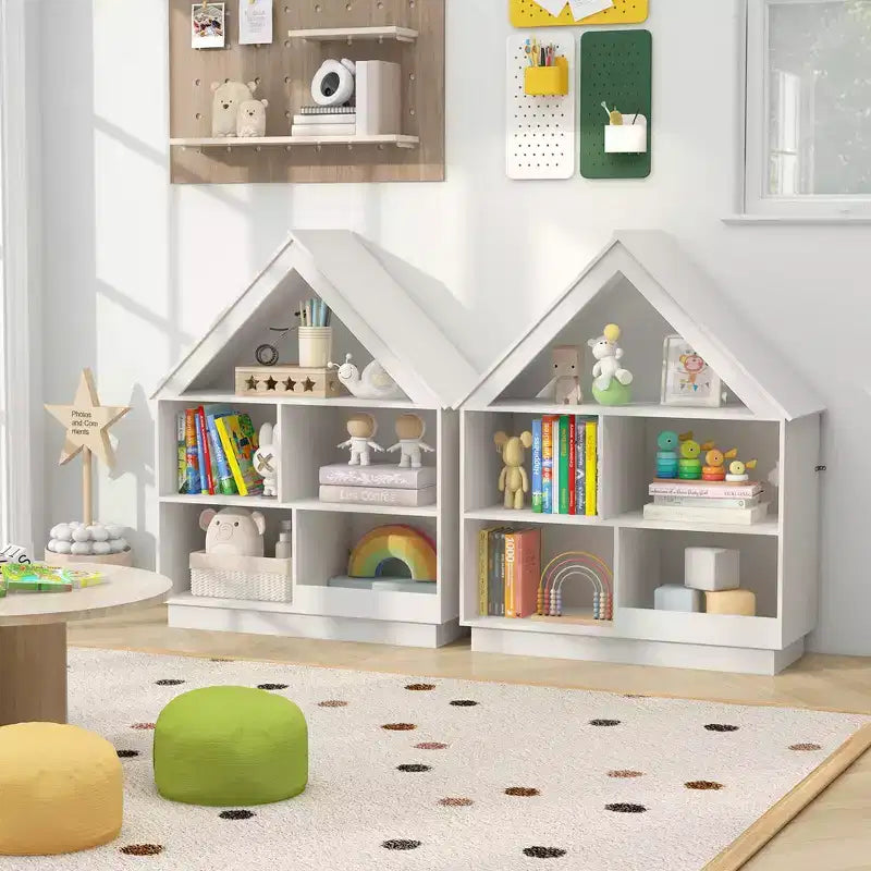 Libreria per bambole in legno per bambini con ripiani aperti e sistema antiribaltamento, colore bianco/marrone