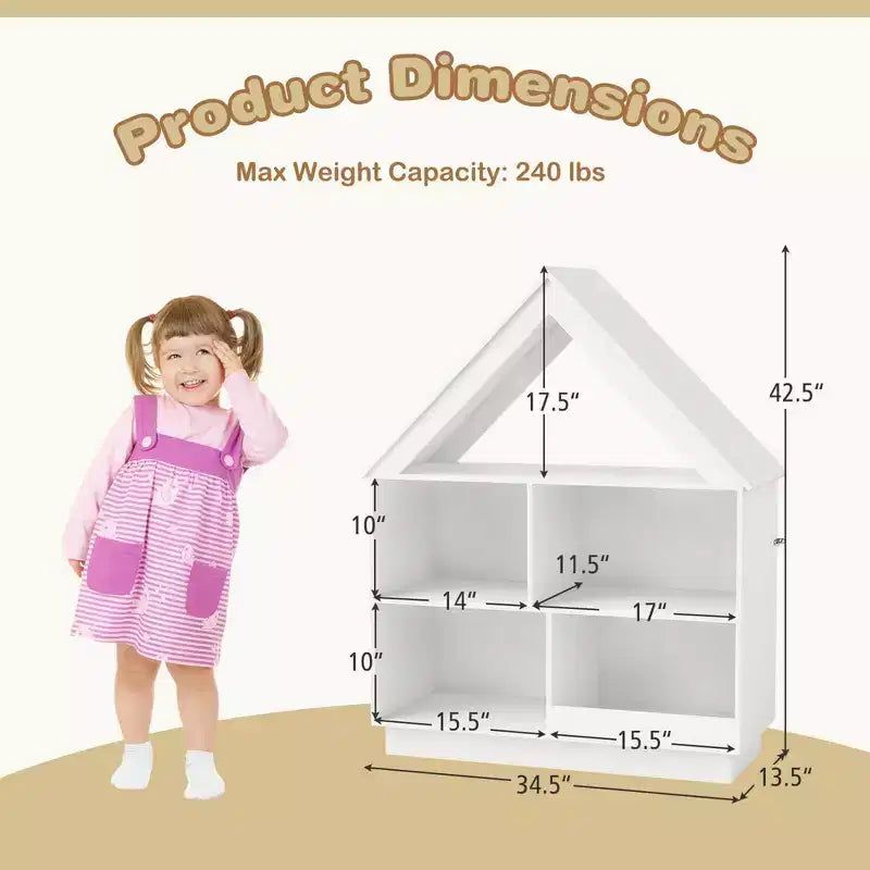 Libreria per bambole in legno per bambini con ripiani aperti e sistema antiribaltamento, colore bianco/marrone