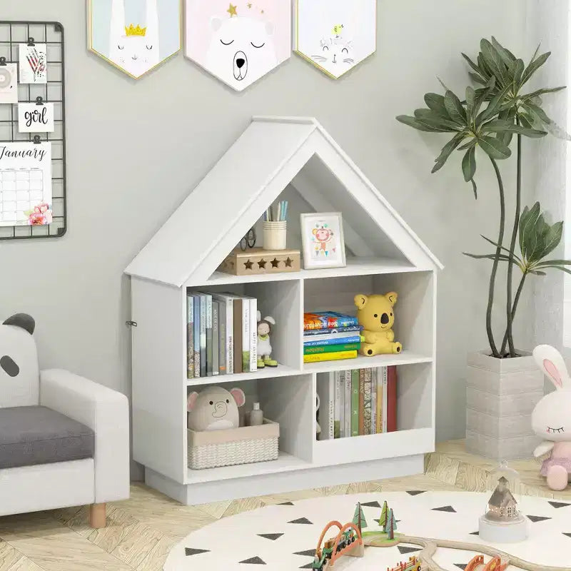 Libreria per bambole in legno per bambini con ripiani aperti e sistema antiribaltamento, colore bianco/marrone