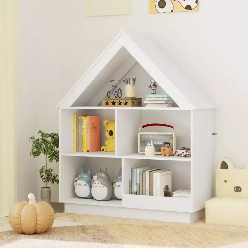 Libreria per bambole in legno per bambini con ripiani aperti e sistema antiribaltamento, colore bianco/marrone