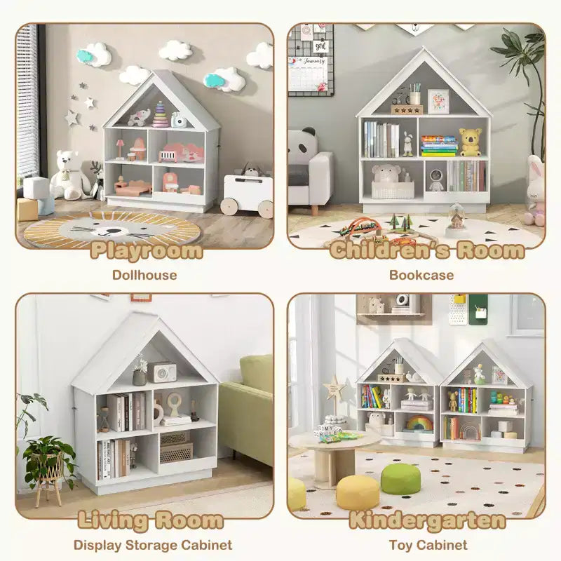 Libreria per bambole in legno per bambini con ripiani aperti e sistema antiribaltamento, colore bianco/marrone