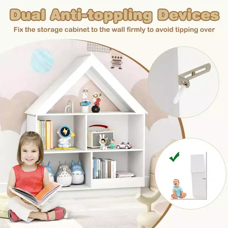Libreria per bambole in legno per bambini con ripiani aperti e sistema antiribaltamento, colore bianco/marrone