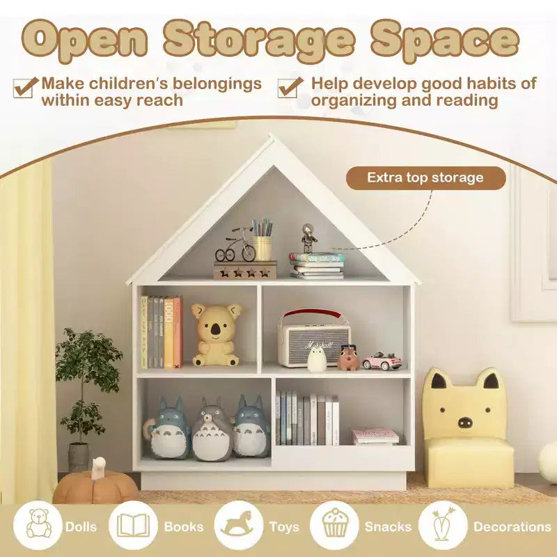 Libreria per bambole in legno per bambini con ripiani aperti e sistema antiribaltamento, colore bianco/marrone