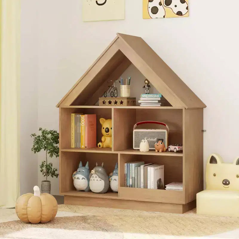 Libreria per bambole in legno per bambini con ripiani aperti e sistema antiribaltamento, colore bianco/marrone