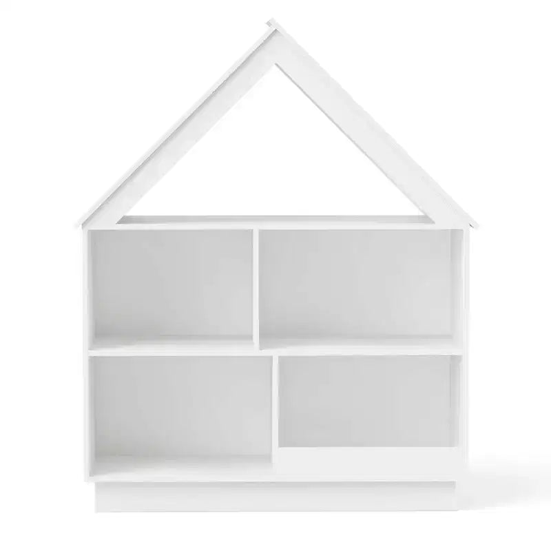 Libreria per bambole in legno per bambini con ripiani aperti e sistema antiribaltamento, colore bianco/marrone