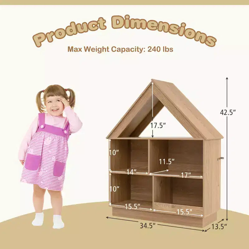 Libreria per bambole in legno per bambini con ripiani aperti e sistema antiribaltamento, colore bianco/marrone
