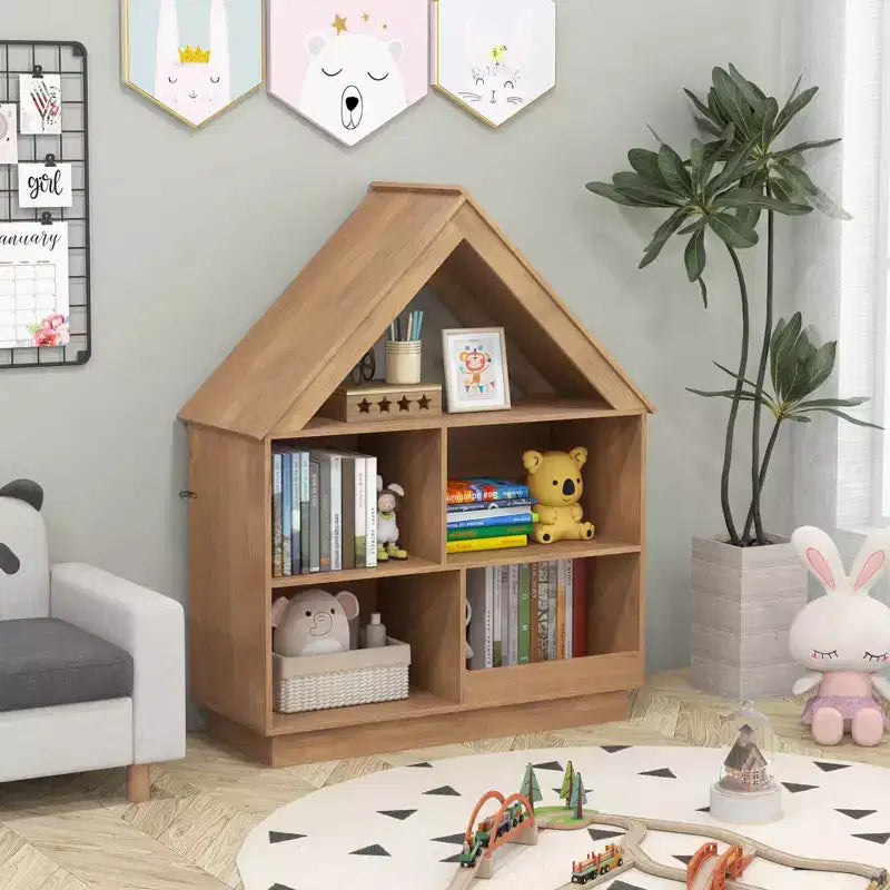 Libreria per bambole in legno per bambini con ripiani aperti e sistema antiribaltamento, colore bianco/marrone