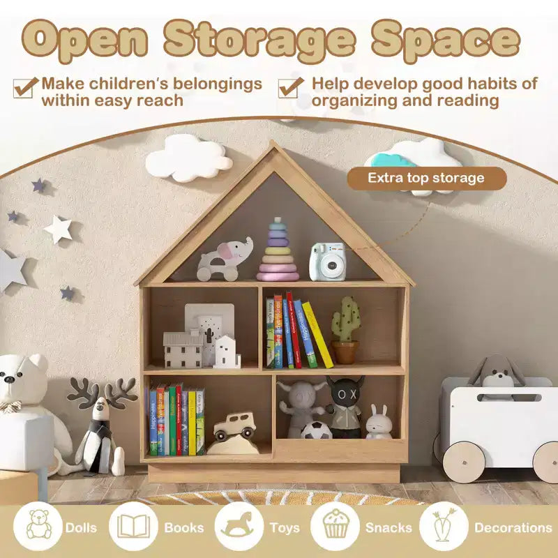 Libreria per bambole in legno per bambini con ripiani aperti e sistema antiribaltamento, colore bianco/marrone