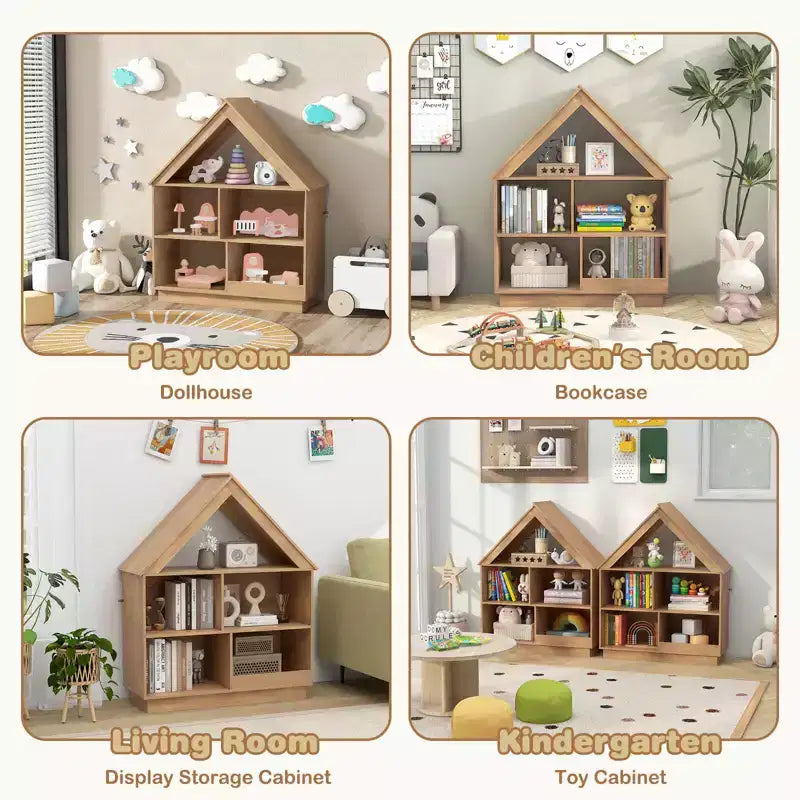 Libreria per bambole in legno per bambini con ripiani aperti e sistema antiribaltamento, colore bianco/marrone