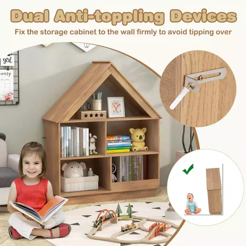 Libreria per bambole in legno per bambini con ripiani aperti e sistema antiribaltamento, colore bianco/marrone