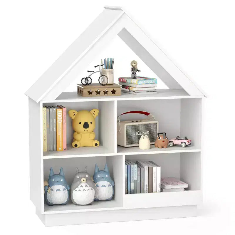 Libreria per bambole in legno per bambini con ripiani aperti e sistema antiribaltamento, colore bianco/marrone