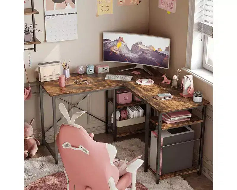 Scrivania per computer a L da 47'', scrivania angolare reversibile con ripiani regolabili, tavolo da studio per 2 persone, per ufficio a casa, piccoli spazi