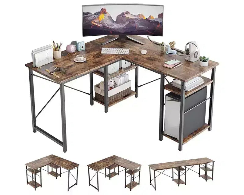 Scrivania per computer a L da 47'', scrivania angolare reversibile con ripiani regolabili, tavolo da studio per 2 persone, per ufficio a casa, piccoli spazi