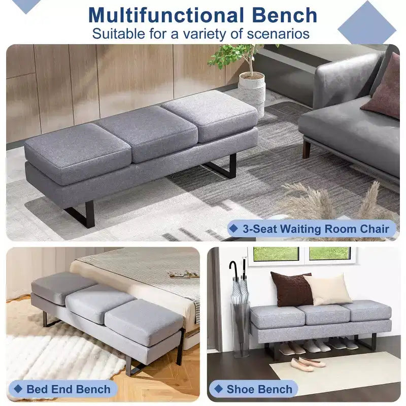 Panca per Sala d'Attesa con Struttura in Metallo e Rivestimento in Tessuto per Reception Nero/Grigio