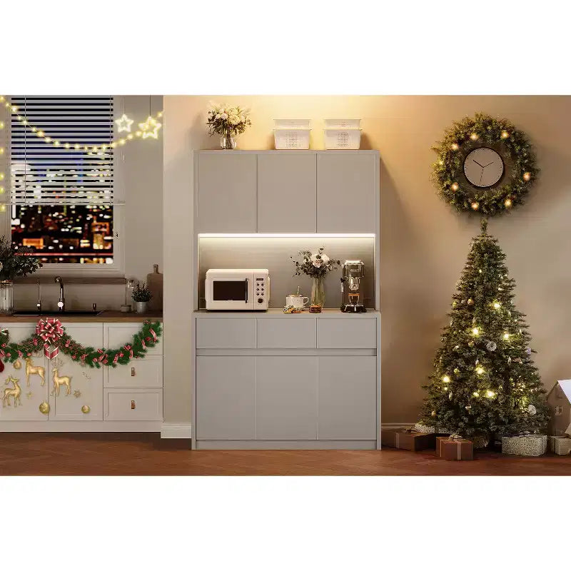 71 Kitchen Pantry Storage Cabinet with LED Light & Outlet, Kitchen Hutch with Microwave Shelf, Drawer & Adjustable Shelf, for Dining Room