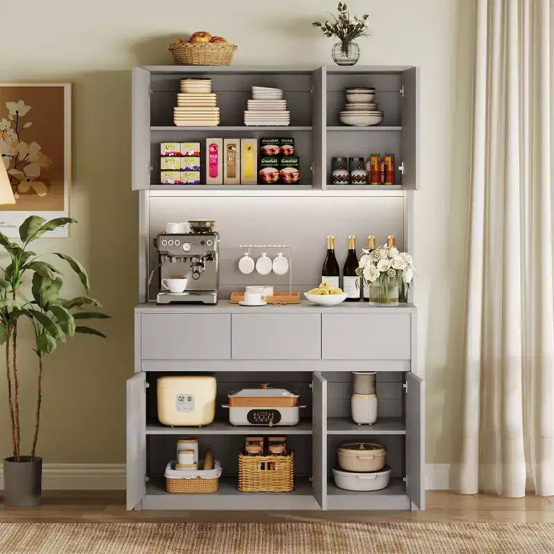 Dispensa da Cucina 71" con Luce LED e Presa di Corrente, Madia da Cucina con Ripiano per Microonde, Cassetto e Ripiano Regolabile, per Sala da Pranzo