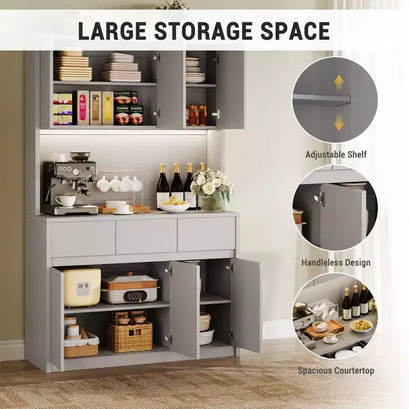 Dispensa da Cucina 71" con Luce LED e Presa di Corrente, Madia da Cucina con Ripiano per Microonde, Cassetto e Ripiano Regolabile, per Sala da Pranzo