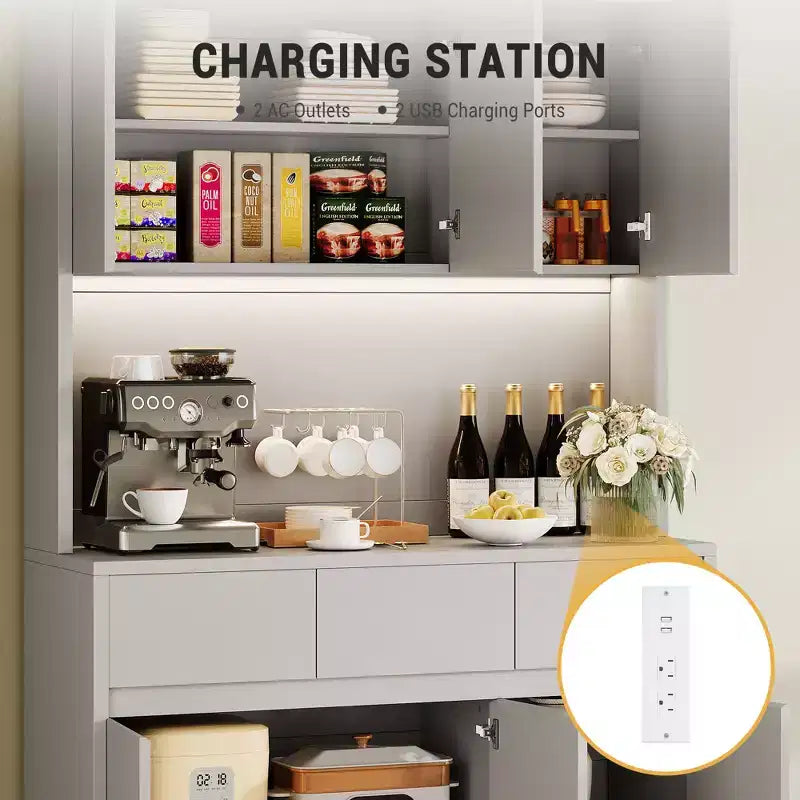 Dispensa da Cucina 71" con Luce LED e Presa di Corrente, Madia da Cucina con Ripiano per Microonde, Cassetto e Ripiano Regolabile, per Sala da Pranzo