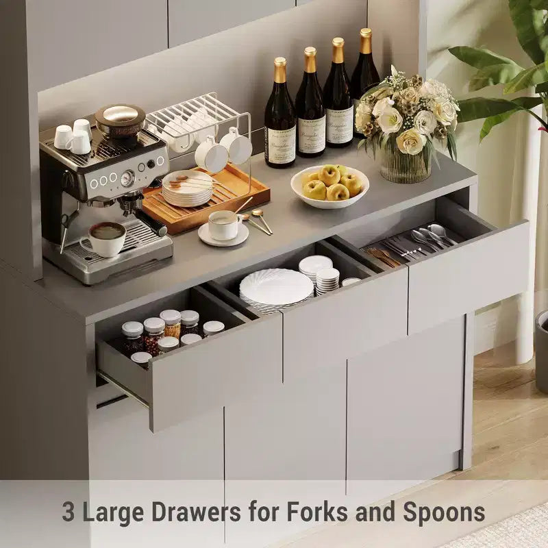 Dispensa da Cucina 71" con Luce LED e Presa di Corrente, Madia da Cucina con Ripiano per Microonde, Cassetto e Ripiano Regolabile, per Sala da Pranzo