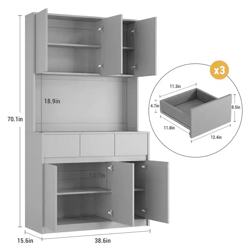 Dispensa da Cucina 71" con Luce LED e Presa di Corrente, Madia da Cucina con Ripiano per Microonde, Cassetto e Ripiano Regolabile, per Sala da Pranzo