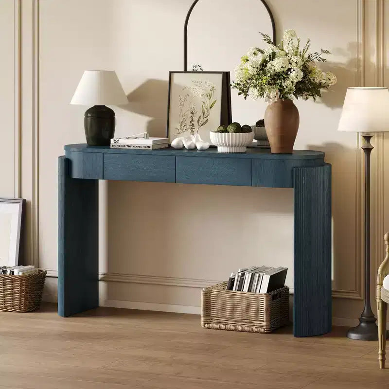 55.1IN Modern Console Table with Wood Grain Finish, Entryway Table with Oval Top and 2 Drawers, Accent Table for Living Room, Foyer, Navy