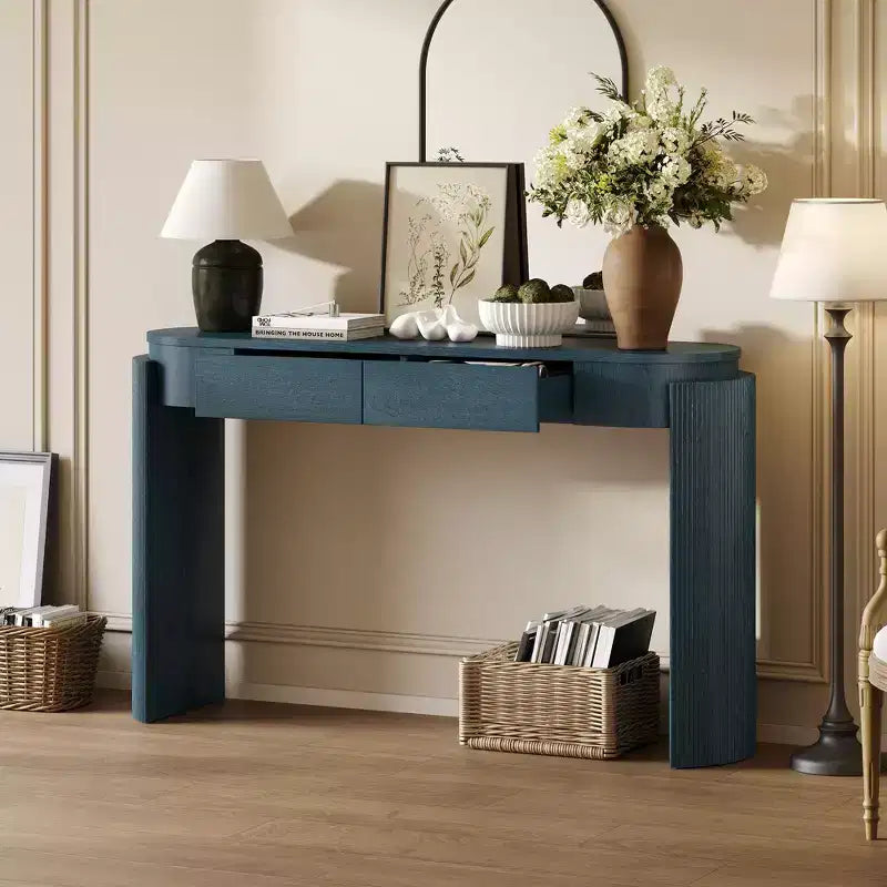 Tavolo console moderno da 140 cm con finitura effetto legno, tavolo da ingresso con piano ovale e 2 cassetti, tavolino d'appoggio per soggiorno, ingresso, blu scuro
