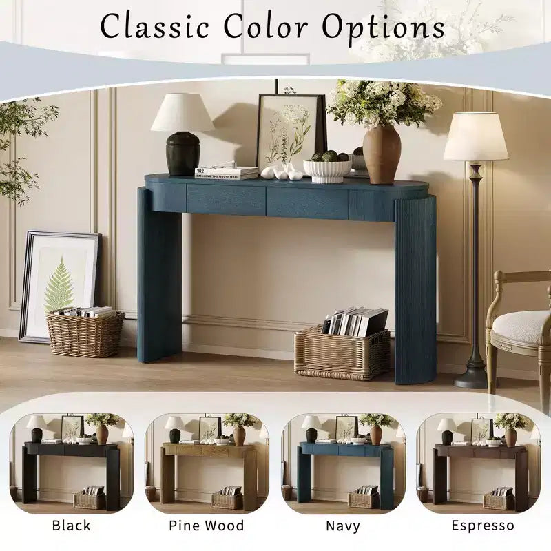Tavolo console moderno da 140 cm con finitura effetto legno, tavolo da ingresso con piano ovale e 2 cassetti, tavolino d'appoggio per soggiorno, ingresso, blu scuro