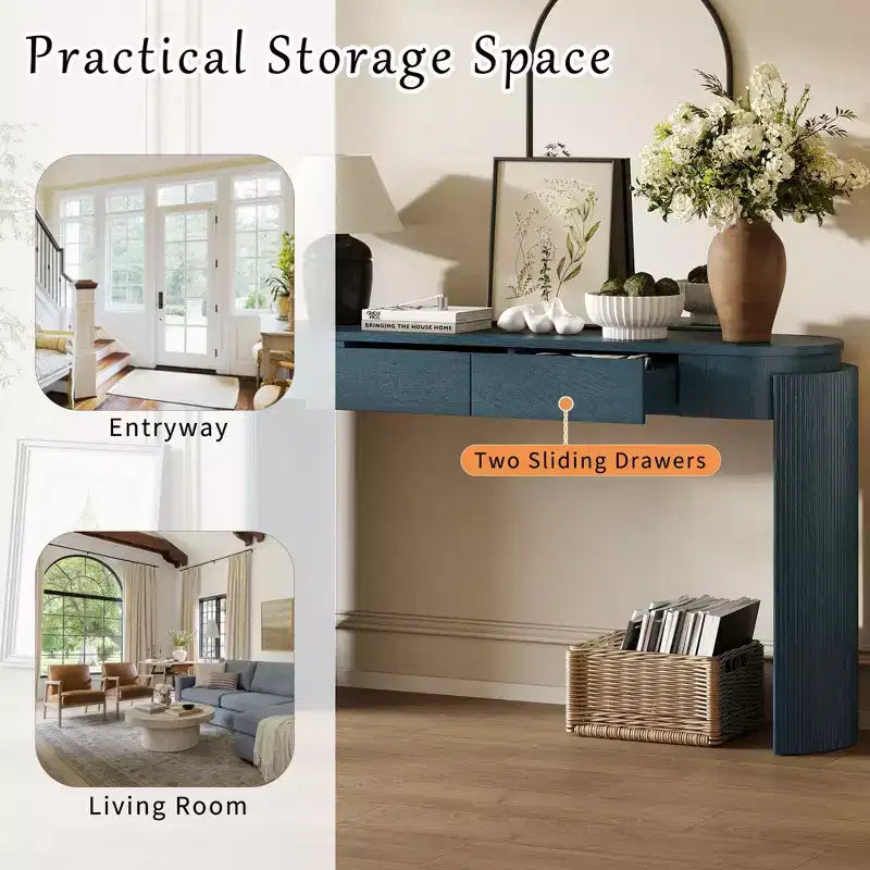 Tavolo console moderno da 140 cm con finitura effetto legno, tavolo da ingresso con piano ovale e 2 cassetti, tavolino d'appoggio per soggiorno, ingresso, blu scuro