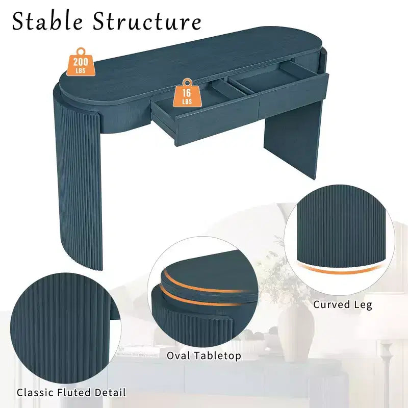 Tavolo console moderno da 140 cm con finitura effetto legno, tavolo da ingresso con piano ovale e 2 cassetti, tavolino d'appoggio per soggiorno, ingresso, blu scuro
