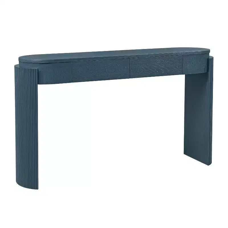 Tavolo console moderno da 140 cm con finitura effetto legno, tavolo da ingresso con piano ovale e 2 cassetti, tavolino d'appoggio per soggiorno, ingresso, blu scuro