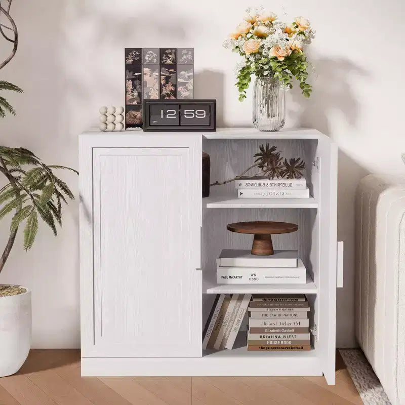 Mobiletto con ante in legno a venatura del legno alte 31 pollici in bianco, Organizer con 2 ante in legno massello per camera da letto, soggiorno/sala da pranzo
