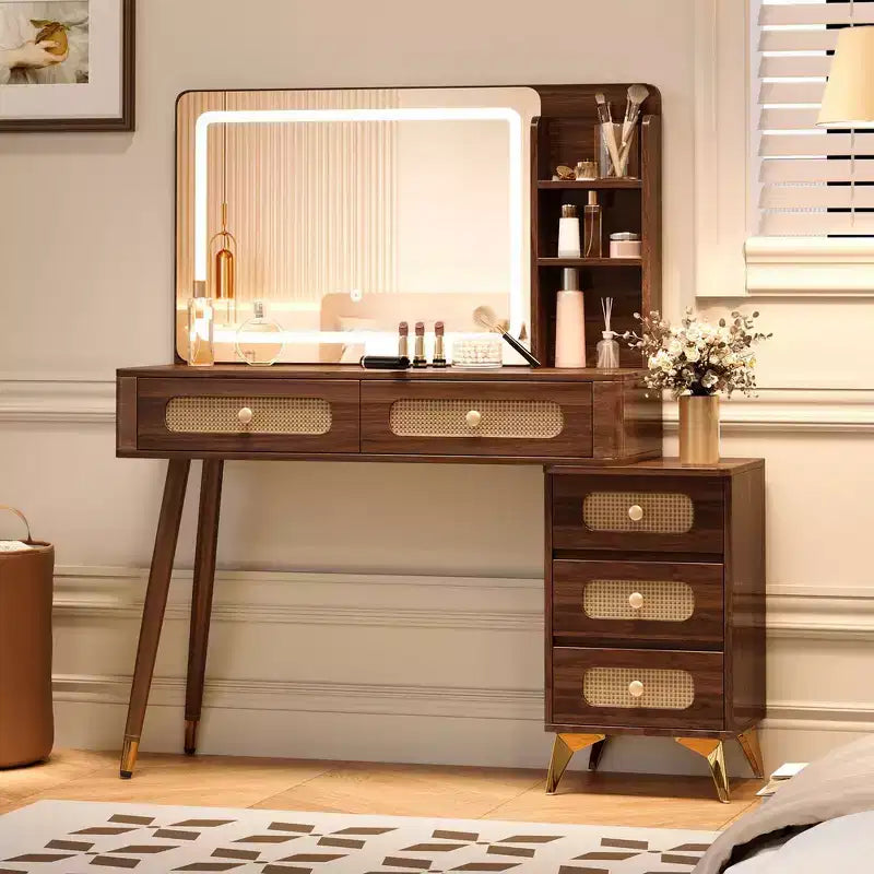 Makeup Vanity Table with Mirror, Lights, 5 Drawers and Storage Shelf