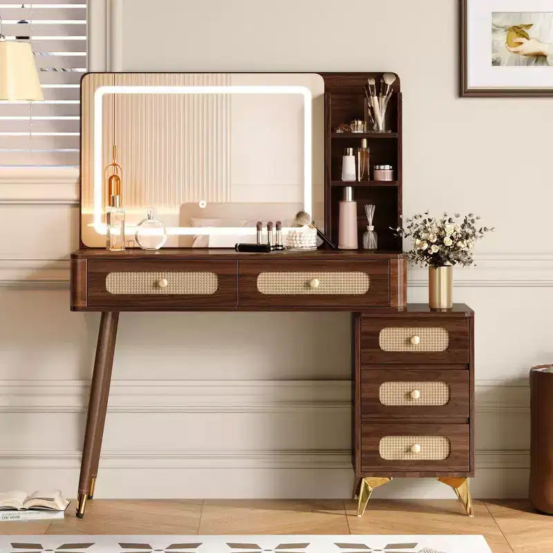 Tavolo da Trucco con Specchio, Luci, 5 Cassetti e Ripiano Contenitore