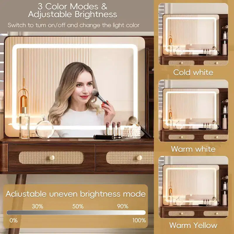 Tavolo da Trucco con Specchio, Luci, 5 Cassetti e Ripiano Contenitore
