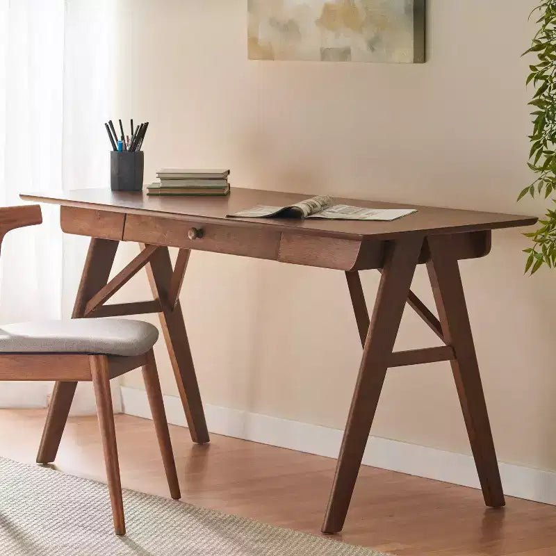 57IN Modern Computer Desk with Elegent Design, Home Office Desks with 1 Drawer, Standing Desk for Reading Room, Bedroom, Study, Walnut