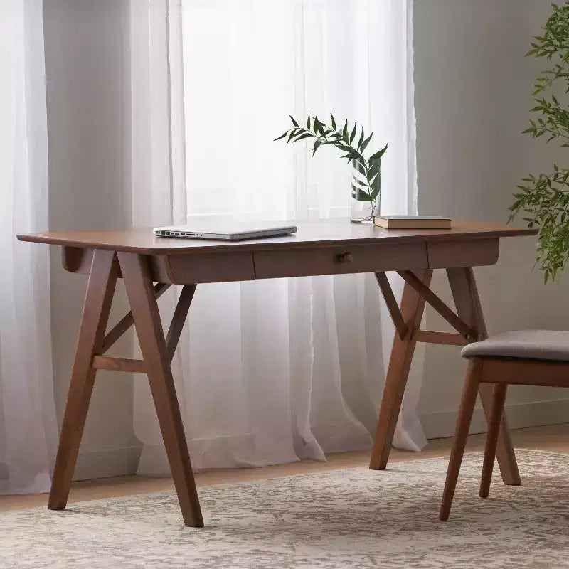 Scrivania moderna da 145 cm con design elegante, scrivania da ufficio con 1 cassetto, scrivania alta per sala lettura, camera da letto, studio, colore noce