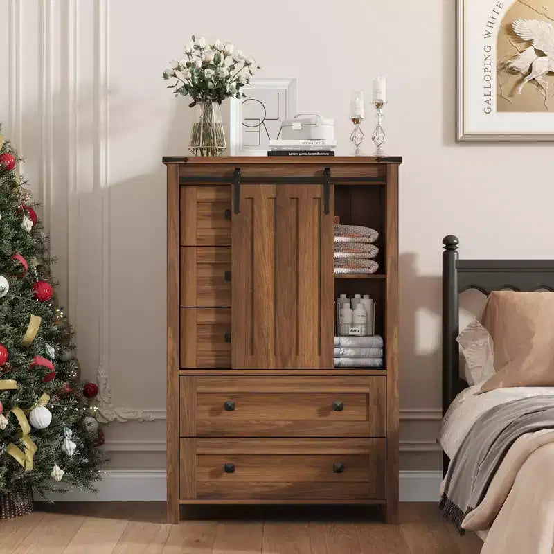 Cassettiera a 5 cassetti, Comò moderno in legno per camera da letto con cassetti contenitori, Mobile TV in stile rustico per soggiorno, camera da letto, corridoio