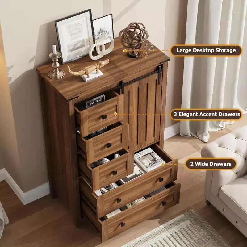 Cassettiera a 5 cassetti, Comò moderno in legno per camera da letto con cassetti contenitori, Mobile TV in stile rustico per soggiorno, camera da letto, corridoio