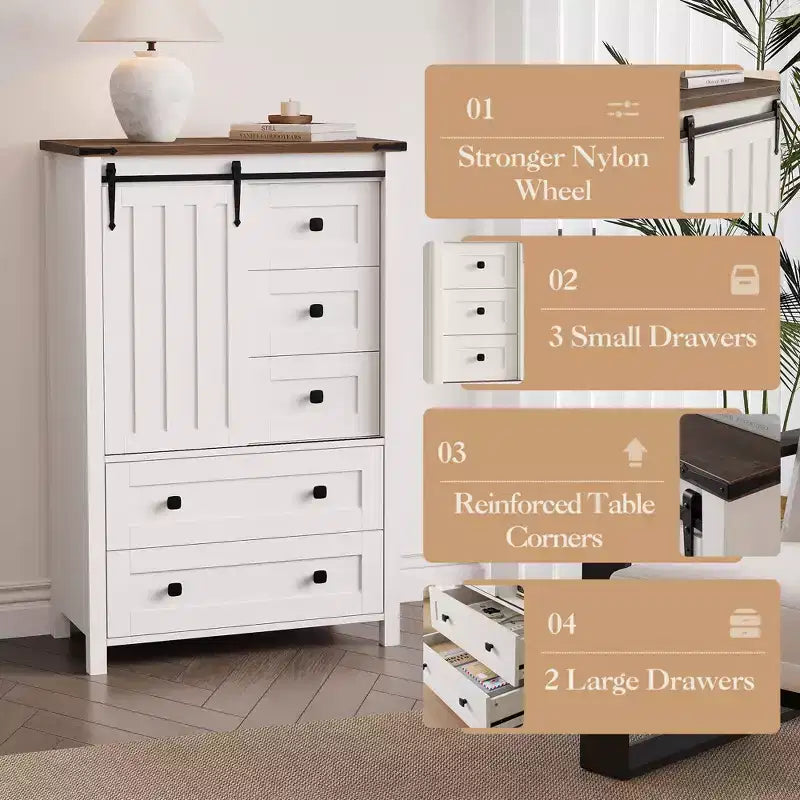 Cassettiera a 5 cassetti, Comò moderno in legno per camera da letto con cassetti contenitori, Mobile TV in stile rustico per soggiorno, camera da letto, corridoio
