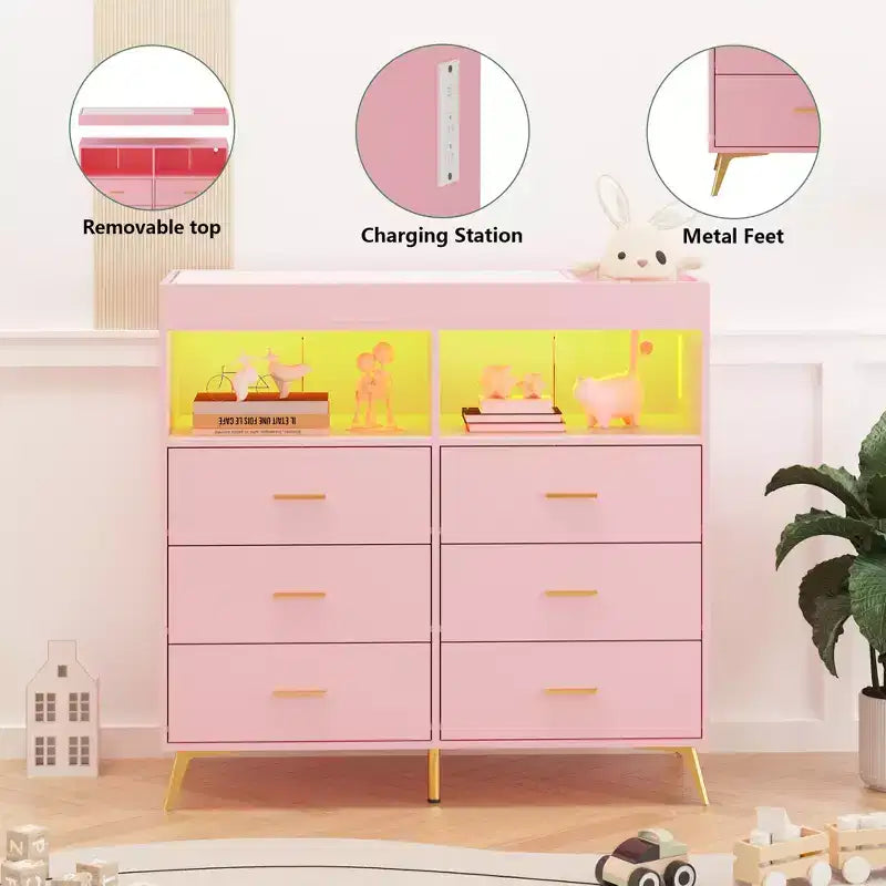Mobile contenitore con cassetti, cassettiera fasciatoio, presa di corrente, con luce e gambe in metallo, adatto per soggiorno, camera da letto e cameretta per neonati