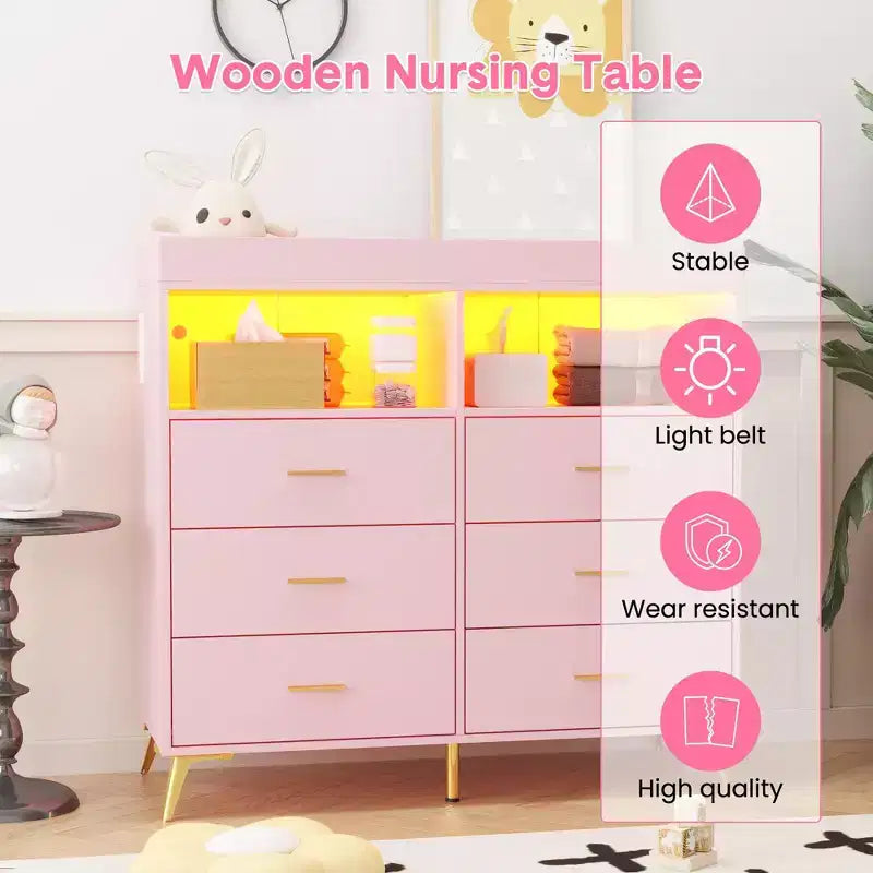 Mobile contenitore con cassetti, cassettiera fasciatoio, presa di corrente, con luce e gambe in metallo, adatto per soggiorno, camera da letto e cameretta per neonati