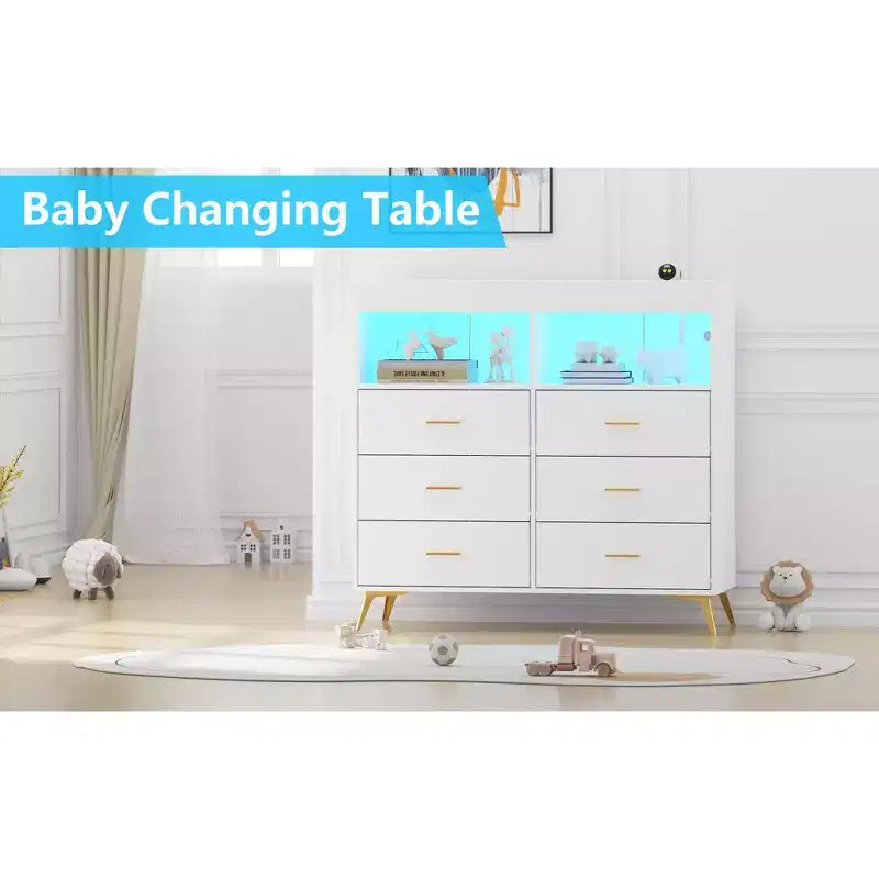 Mobile contenitore con cassetti, cassettiera fasciatoio, presa di corrente, con luce e gambe in metallo, adatto per soggiorno, camera da letto e cameretta per neonati