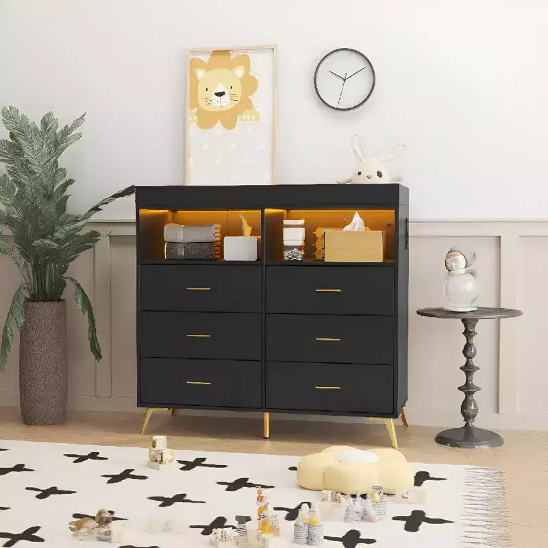 Mobile contenitore con cassetti, cassettiera fasciatoio, presa di corrente, con luce e gambe in metallo, adatto per soggiorno, camera da letto e cameretta per neonati