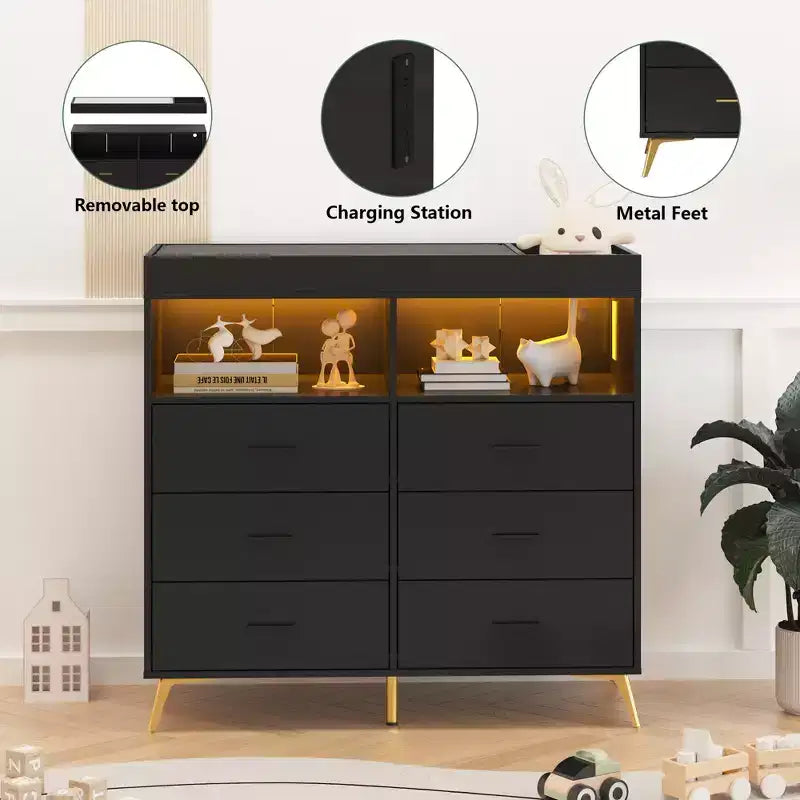Mobile contenitore con cassetti, cassettiera fasciatoio, presa di corrente, con luce e gambe in metallo, adatto per soggiorno, camera da letto e cameretta per neonati