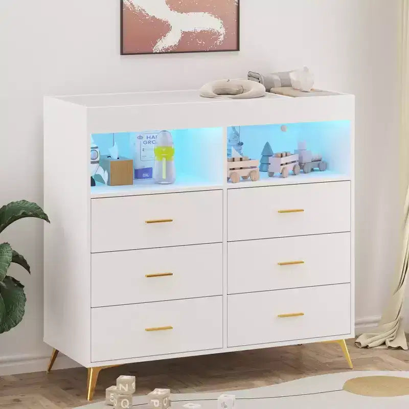 Mobile contenitore con cassetti, cassettiera fasciatoio, presa di corrente, con luce e gambe in metallo, adatto per soggiorno, camera da letto e cameretta per neonati