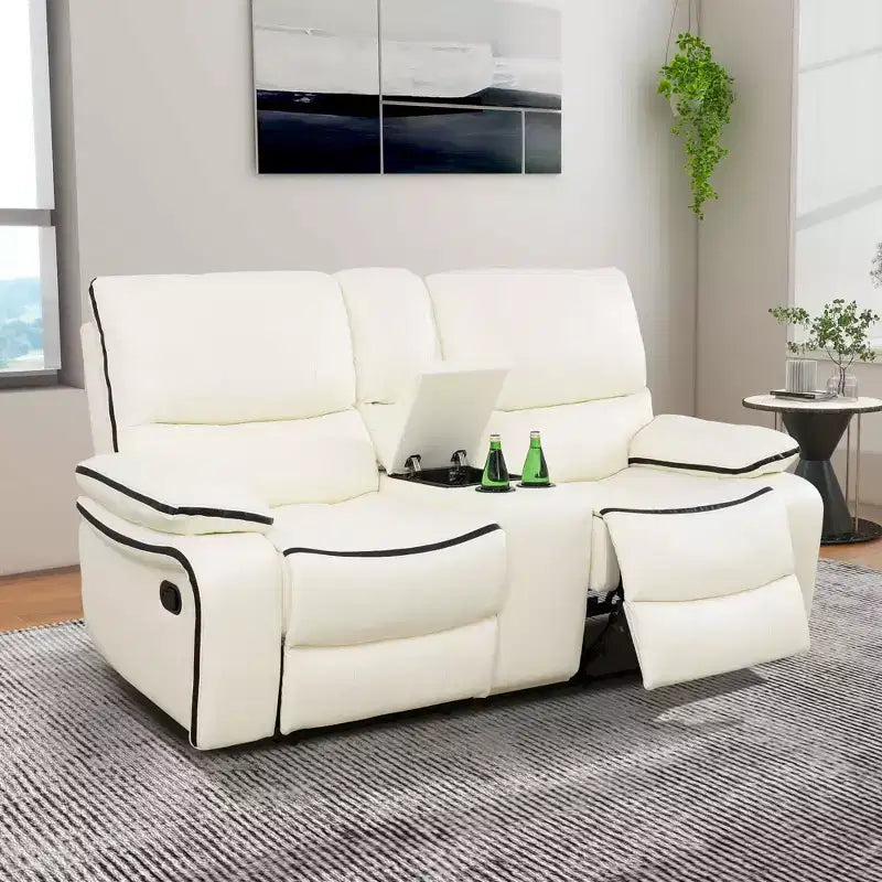 Divanetto Reclinabile Elettrico, Poltrona Reclinabile Elettrica a 2 Posti in Pelle Traspirante con Contenitore e Portabicchieri per Soggiorno, Bianco